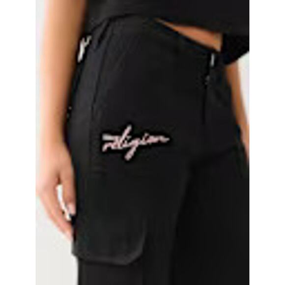 True Religion Women's Jet Black Embroidered Logo Cargo Pants Size 27 MSRP $139 - Picture 2 of 16